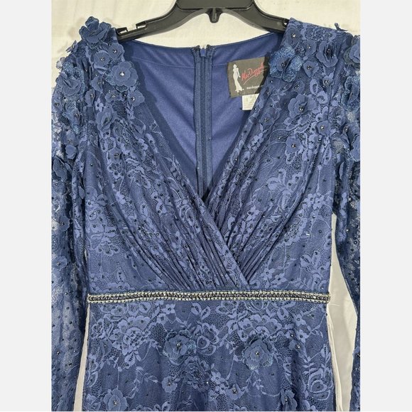 NEW $798‎ Mac Duggal [ 8 ] Floral Applique Long Sleeve Wrap Gown Blue - Picture 6 of 16